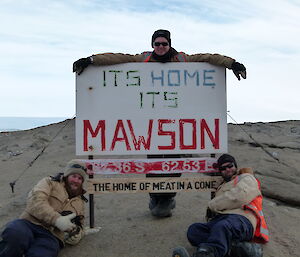 Under the Mawson sign another signboard states Home of Meat in a Cone