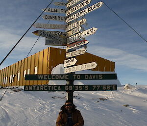 An expeditioners sits cross-legged at the bottom of the Davis signpost