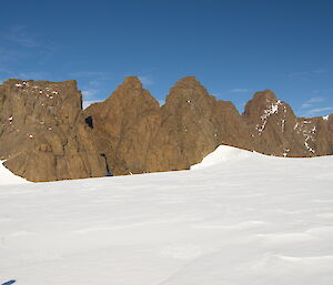David range of mountains with 5 peaks, rocky with snow in foreground