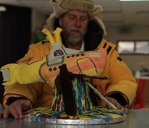 Submarine birthday cake designed after the Beatles Yellow Submarine