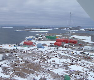 Mawson station as seen from the top of a high wind turbine