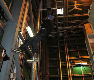 An expeditioner repels on cabels from a wall during training