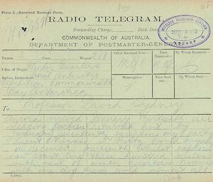 The first telegram from Antarctica