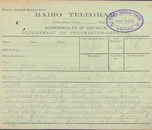 More of Douglas Mawson’s telegram to Australia