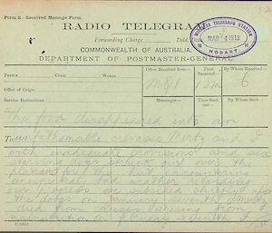 More of Douglas Mawson’s telegram to Australia