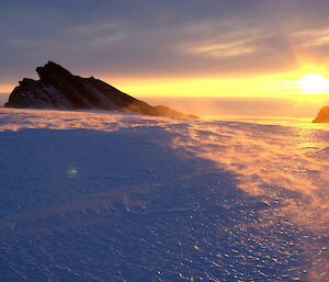 Sunset at Phillips Ridge with the sun reflecting on the ice