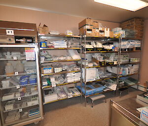 Mawson theatre stock room with shelves packed full of medical supplies