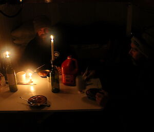 Dinner at field hut — Jeremy and Peter C tucking into freshly baked Fray bentos pies.