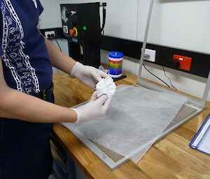 Person wearing white gloves placing a white gauze sheet into the tray.