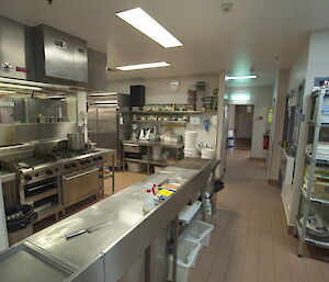 Mawson kitchen with long steel benches and cooking tools.