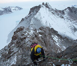 Graham Cook roped on and climbing on South Doodle