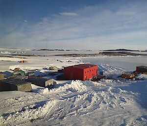 Mawson view of the buildings, including a big red one