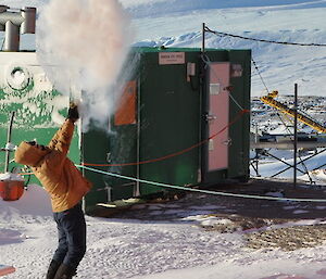 Pete making steam clouds and chukcing water in the air