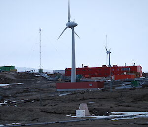 Turbine with Mawson station backdrop