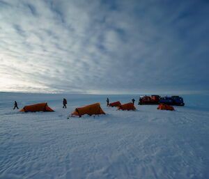 Twintops camp with 5 tents and 2 Hägglunds parked next to them.