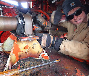 Pete W Diesel mechanic works on the machine