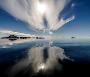 Streaks of white clouds of intense blue and green water.