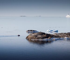White bergs floating in glassy calm water.