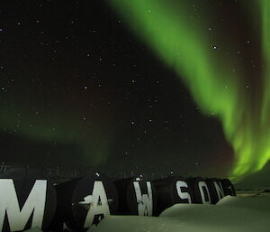 Aurora australis lights over the Mawson fuel farm