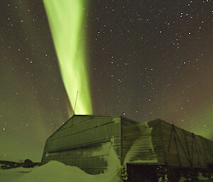 Aurora australis over the Mawson hangar