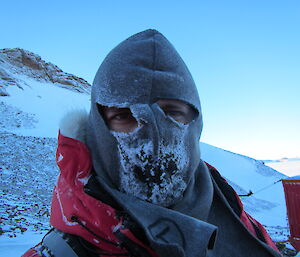 Chris Hill condensed breath has frozen to his balaclava