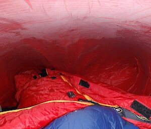 The inside of a bivvy bag showing the build up of carbon dioxide