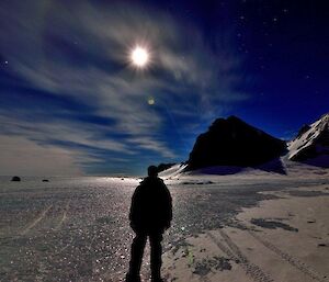 The moon high in the sky over the Rumdoodle Plateau — North Masson Range