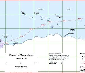 A map detailing the route from Mawson station to Auster rookery