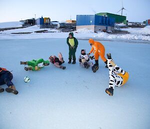 All the expeditioners laying on the sea ice and holding a body part claiming they have been fouled