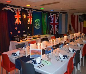 The Mess set up for midwinters with flags hanging