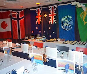 The Mess set up for midwinters with flags hanging