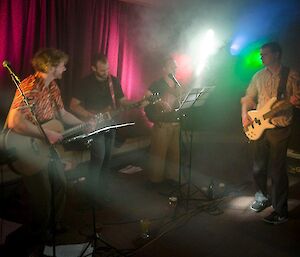 The Mawson band,Tide Crack, perform in a smoke filled room