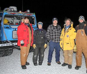 The team standing in front of the Hägglunds and about to set off for Taylor Glacier