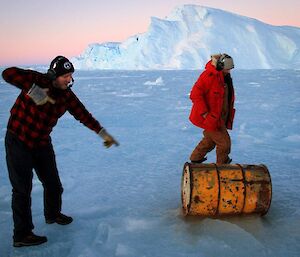 Expeditioners discover a fuel drum on the sea ice