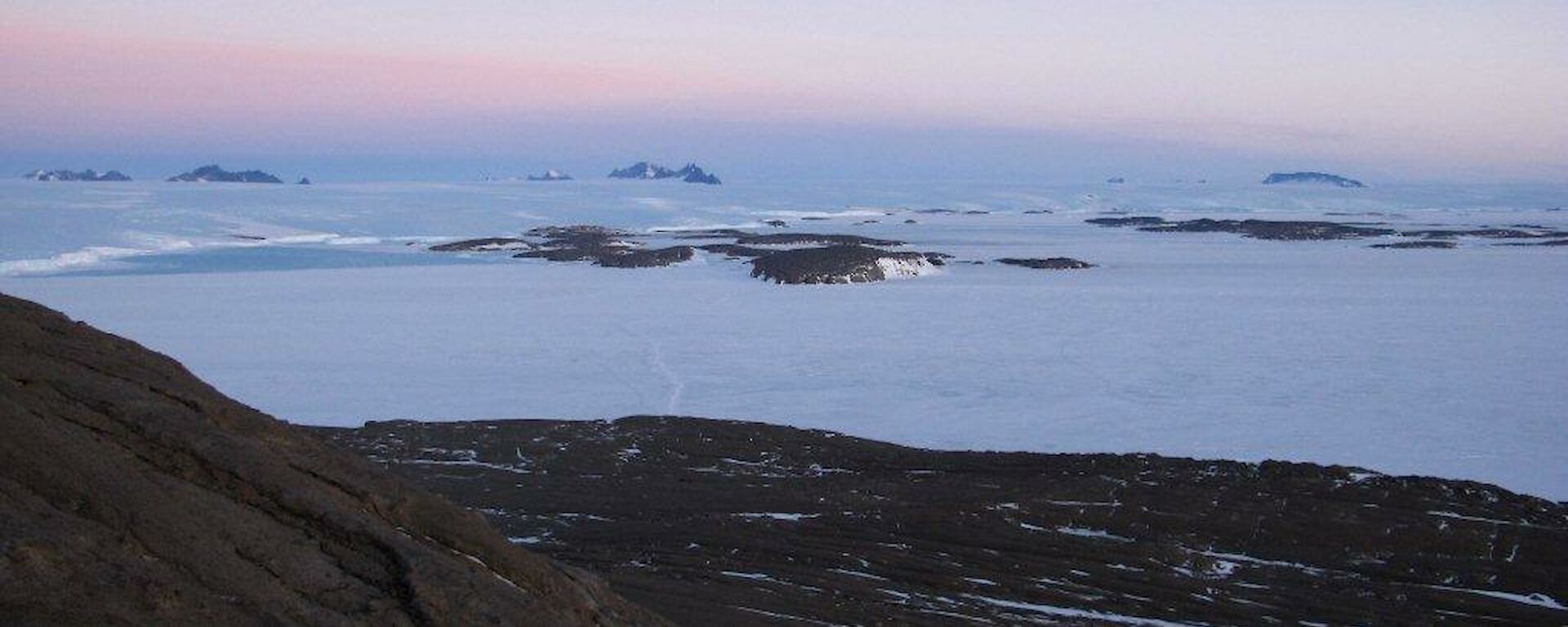 The view looking back toward Mawson station from the top of Welch Island