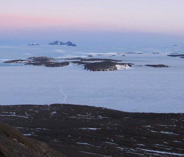 The view looking back toward Mawson station from the top of Welch Island