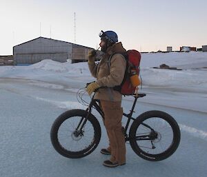 Doctor James is on the radio advising base that he and heidi have ventured onto the sea ice and are about to cycle to Welch Island