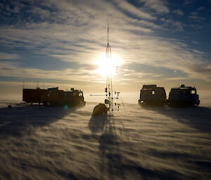 Two expeditioners crouching at the AWS with two Hägglunds in the background — battling the −30C air temperatures and 30 knot winds