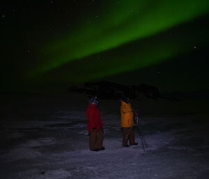 Two expeditioners braving the cold to take aurora shots