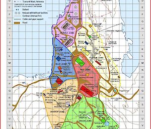 A map depicting the coloured search zones of Mawson Station