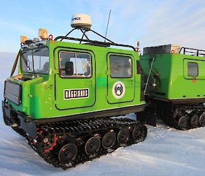 The Mawson station dedicated search and rescue Hägglunds — a tracked vehicle with two parts sits on the ice