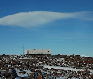 The Mawson CosRay building looking quite weather beaten as it is held down by wire heavy guage guy wires