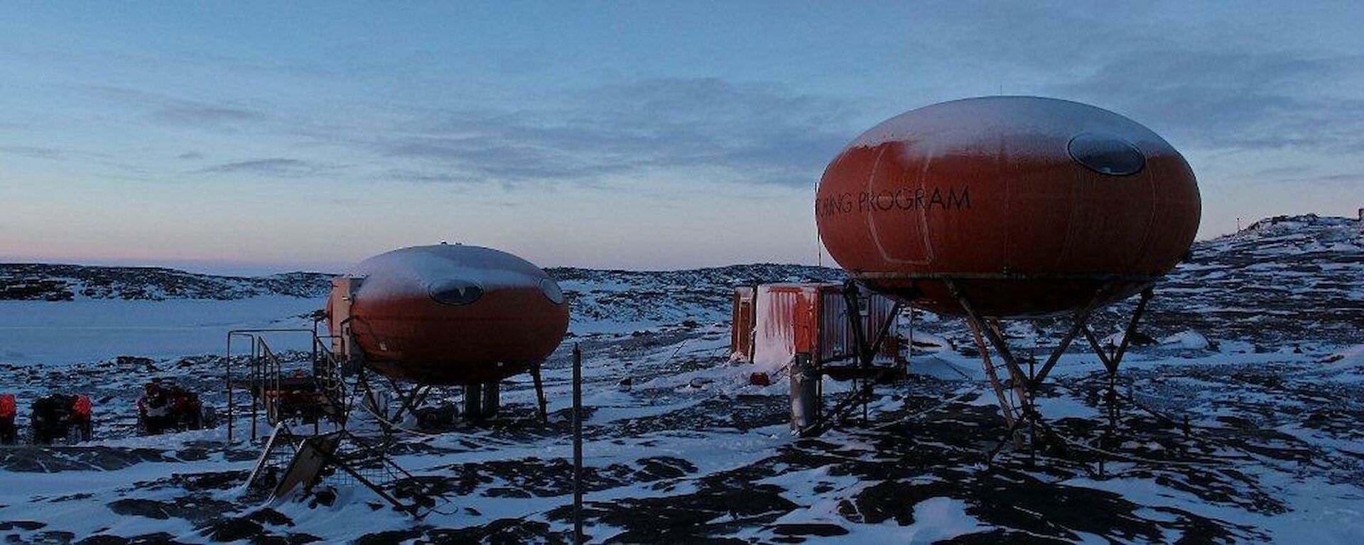 The red apple looking huts on Bechervaise Island