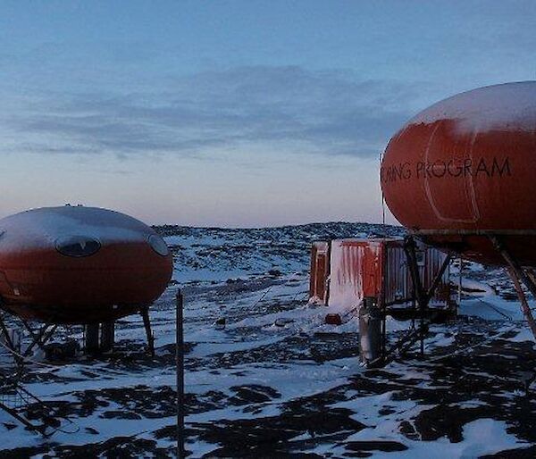 The red apple looking huts on Bechervaise Island