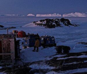 The view across the sea ice from Macey hut with ice bergs frozen in the sea ice