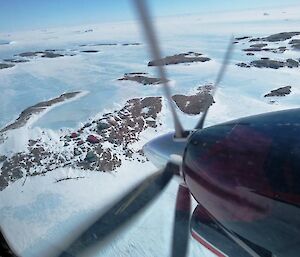 A view of Mawson station from through the aircraft window