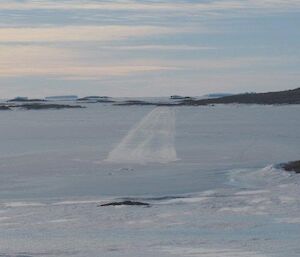 The Kista Straight ski landing strip as seen from the Antarctic plateau above Mawson Station