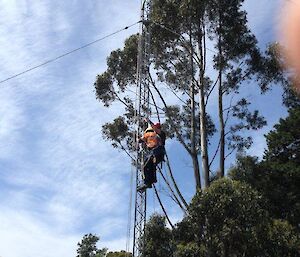 The communications team receiving training whilst in Kingston where an expeditioner is accompanied up a mast with an instructor