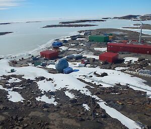 The view of Mawson station with all of her brightly coloured buildings as seen from the transmission mast