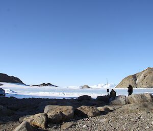 Two expeditioners reflect at Proclamation Point amongst rocks with bright snow and ice in background on a clear day